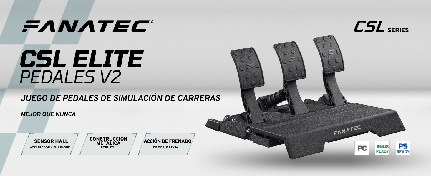 Texto: &laquo;FANATEC CSL ELITE PEDALES V2 JUEGO DE PEDALES DE SIMULACI&Oacute;N DE CARRERAS MEJOR QUE NUNCA&raquo;. Imagen del producto de pedales de simulador de carreras con iconos de compatibilidad para PC y consolas.