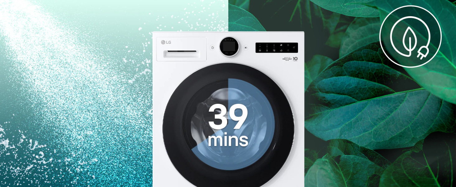 Il testo indica &laquo;39 minuti&raquo; sul display della lavatrice. Immagine composita che mostra bolle d'acqua, lavatrice, tessuti verdi e interfaccia digitale con timer.