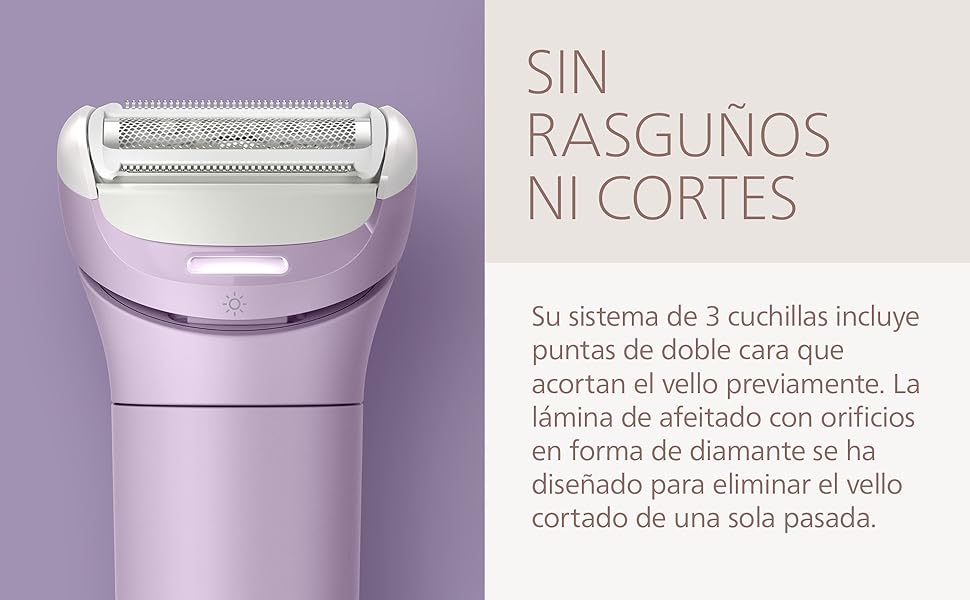 El texto dice &laquo;SIN RASGU&Ntilde;OS&raquo; y &laquo;NI CORTES&raquo;. Serie de paneles de demostraci&oacute;n de productos que muestran envases de productos de belleza o cuidado de la piel de color p&uacute;rpura sobre un fondo claro.