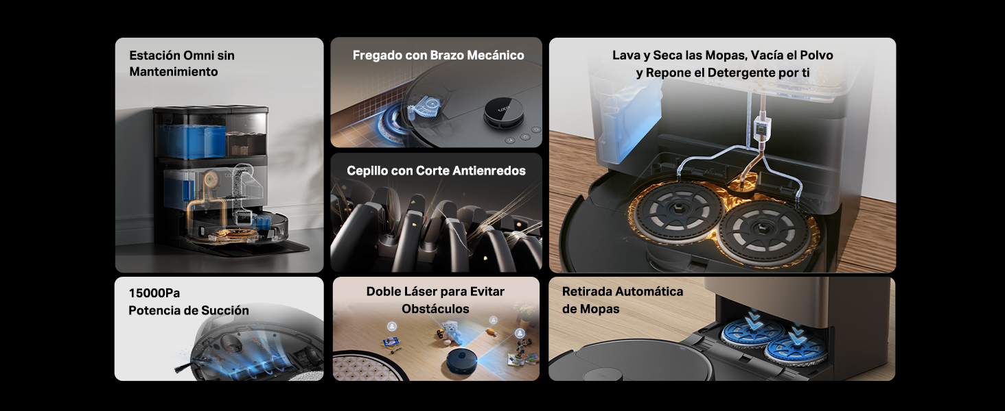 Varios paneles que muestran lo que parecen ser procedimientos de limpieza o mantenimiento que se est&aacute;n realizando en varias superficies y equipos.