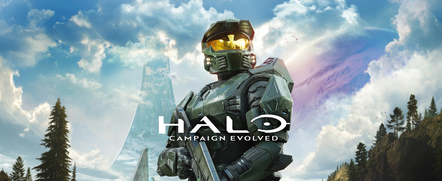 Il testo dice &laquo;HALO&raquo;. Grafica promozionale per videogiochi raffigurante un soldato corazzato in un paesaggio forestale con cielo nuvoloso e sfondo montano.