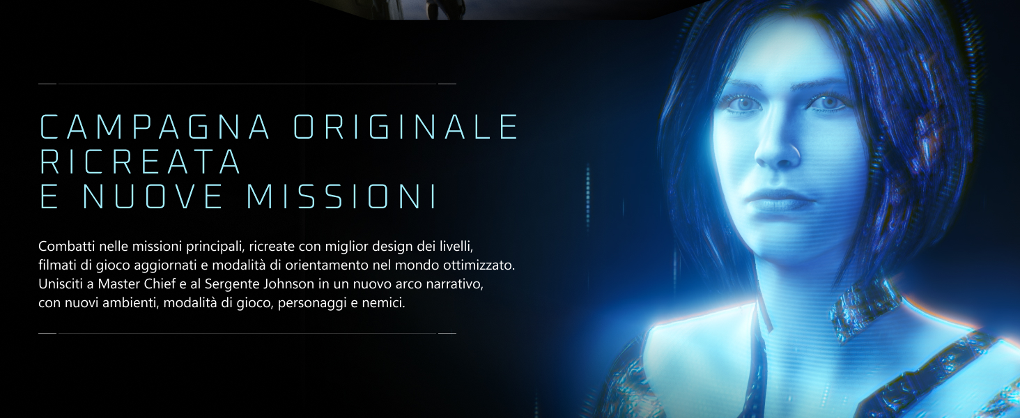 Il testo recita &laquo;CAMPAGNA ORIGINALE RICREATA E NUOVE MISSIONI&raquo; con un personaggio di fantascienza o una figura avatar blu brillante su sfondo tecnologico blu scuro.