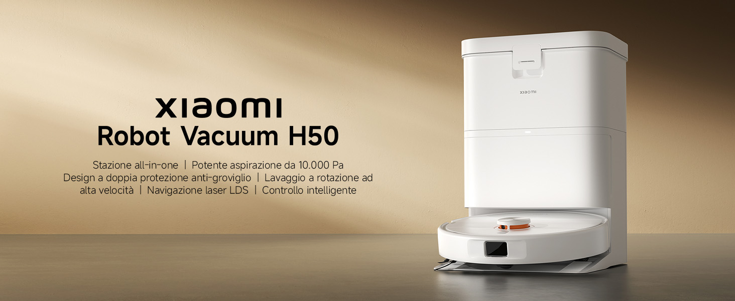 Il testo dice &laquo;xiaomi Robot Vacuum H50". La foto del prodotto mostra un robot aspirapolvere cilindrico bianco su uno sfondo marrone caldo.