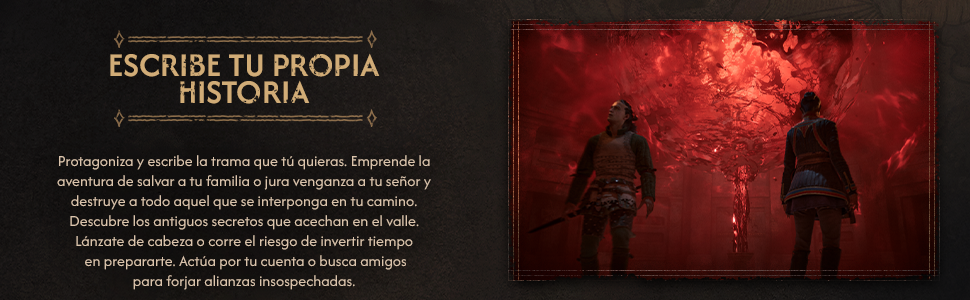El texto dice &laquo;ESCRIBE TU PROPIA HISTORIA&raquo;. Imagen oscura y atmosf&eacute;rica con siluetas de figuras y texto promocional en espa&ntilde;ol que describe la oferta de un producto o servicio.