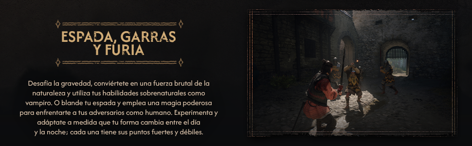 El texto dice &laquo;ESPADA, GARRAS Y FURIA&raquo; (Espada, garras y furia). Imagen oscura que muestra lo que parece ser una escena de un medio de entretenimiento con un texto descriptivo en espa&ntilde;ol debajo del t&iacute;tulo.