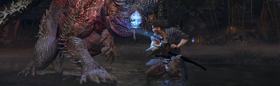 Scena di gioco fantasy con una grande creatura corazzata rosso-marrone con una sfera toracica blu incandescente che affronta un piccolo personaggio vestito di blu in un'ambientazione nella foresta oscura.