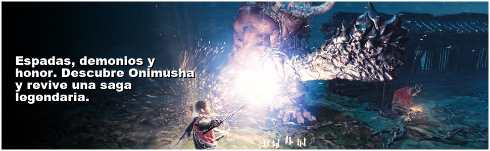 El texto dice &laquo;Espadas, demonios y honor. Descubre a Onimushi y revive una saga legendaria. Un paisaje fant&aacute;stico con una luz azul brillante, monta&ntilde;as y una atm&oacute;sfera m&iacute;stica que representa el banner promocional del juego.