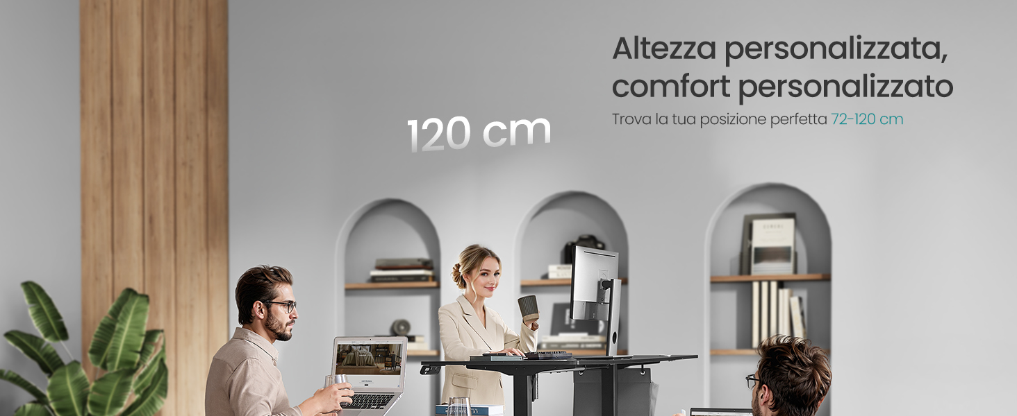 Interno dell'ufficio con configurazione dello spazio di lavoro regolabile in altezza, con testo che indica la misura di 120 cm e