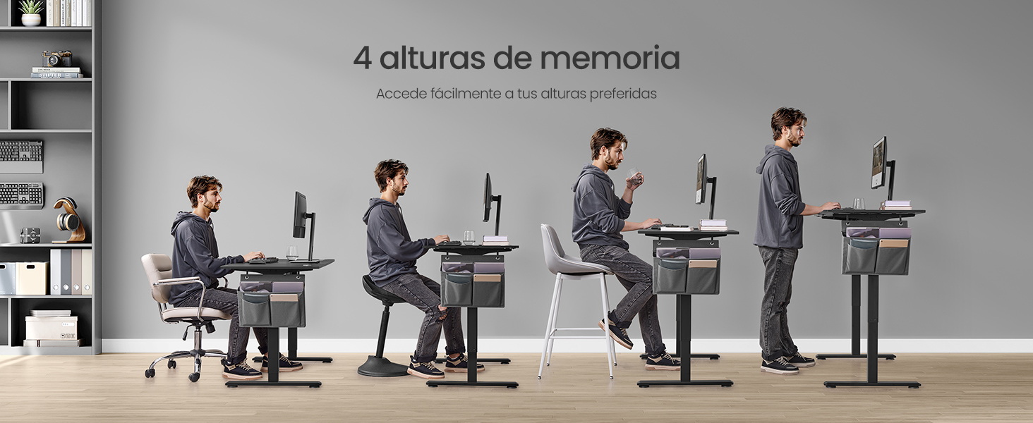 Demostraci&oacute;n de escritorio con altura ajustable que muestra cuatro posiciones diferentes con una configuraci&oacute;n de espacio de trabajo, que ilustra