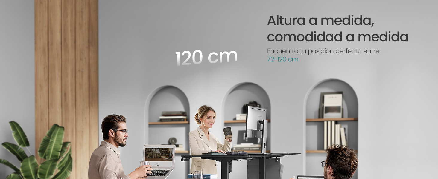 Espacio de oficina moderno con indicador de medici&oacute;n de altura de 120 cm, con puertas arqueadas y una configuraci&oacute;n de espacio de trabajo colaborativo