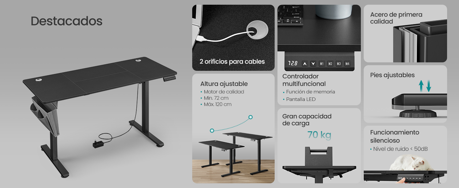 de altura ajustable con superficie negra y marco de metal, que se muestra con especificaciones t&eacute;cnicas y m&uacute;ltiples &aacute;ngulos
