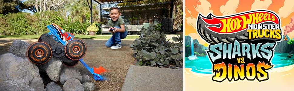Il testo recita &laquo;Hot Wheels MONSTER TRUCKS SHARKS vs DINOS&raquo;. Monster Truck giocattolo che esegue salti acrobatici oltre ostacoli in ambienti esterni.