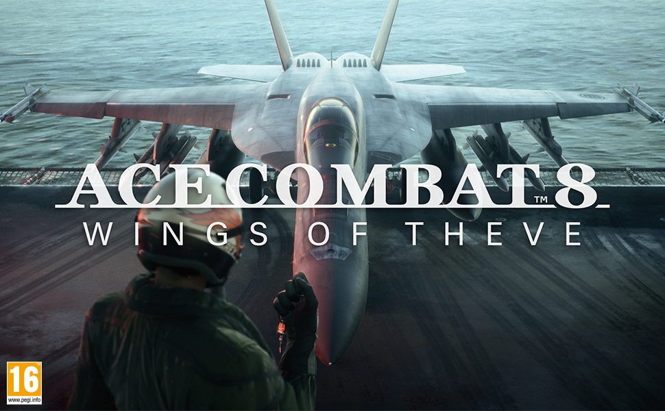 Il testo recita &laquo;ACE COMBAT 8 WINGS OF THEVE&raquo; con la valutazione &laquo;18" visibile. Vista della cabina di pilotaggio di un aereo militare che sorvola l'oceano, immagini promozionali di videogiochi.