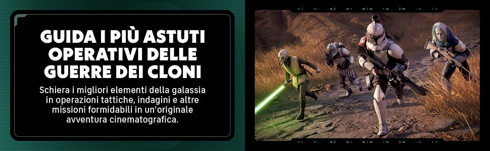Il testo recita &laquo;GUIDA I PRO ASTUTTI OPERATIVI DELLE GUERRE DEI CLONI&raquo; con sottotitoli aggiuntivi. L'immagine mostra tre pannelli raffiguranti personaggi in scene d'azione tratte da quelli che sembrano essere contenuti a tema Star Wars Clone Wars.