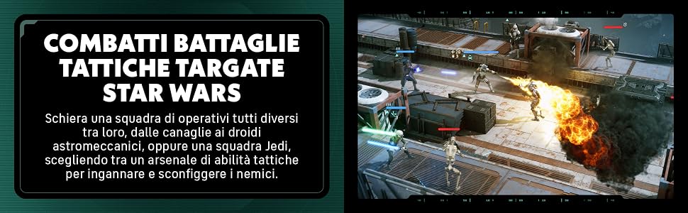 Il testo recita &laquo;COMBATTI BATTAGLIE TATTICHE NELL'ARCA STAR WARS&raquo; con sottotitoli in italiano aggiuntivi. Immagine composita che mostra la scena della battaglia spaziale di Star Wars con esplosioni e veicoli spaziali.