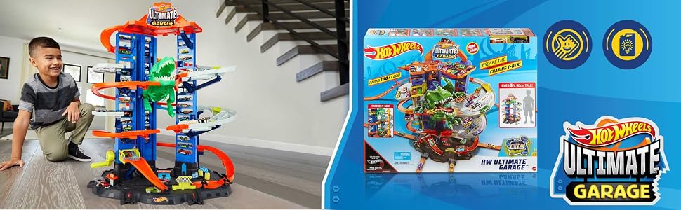 Hot Wheels City- Assalto del T-Rex Robot al Mega Garage Multipiano, con 2 Macchinine incluse