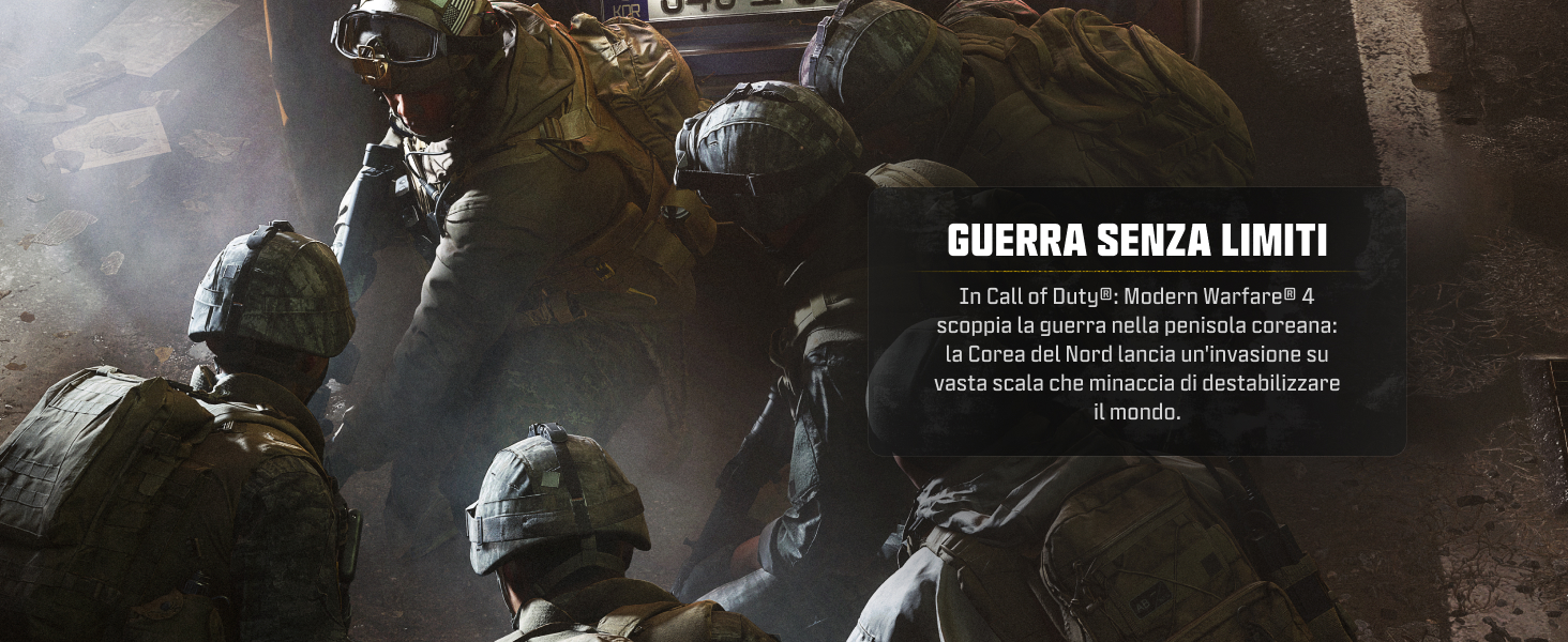 Il testo recita &laquo;GUERRA SENZA LIMITI&raquo; con immagini scure a tema militare che mostrano personale armato in equipaggiamento tattico.